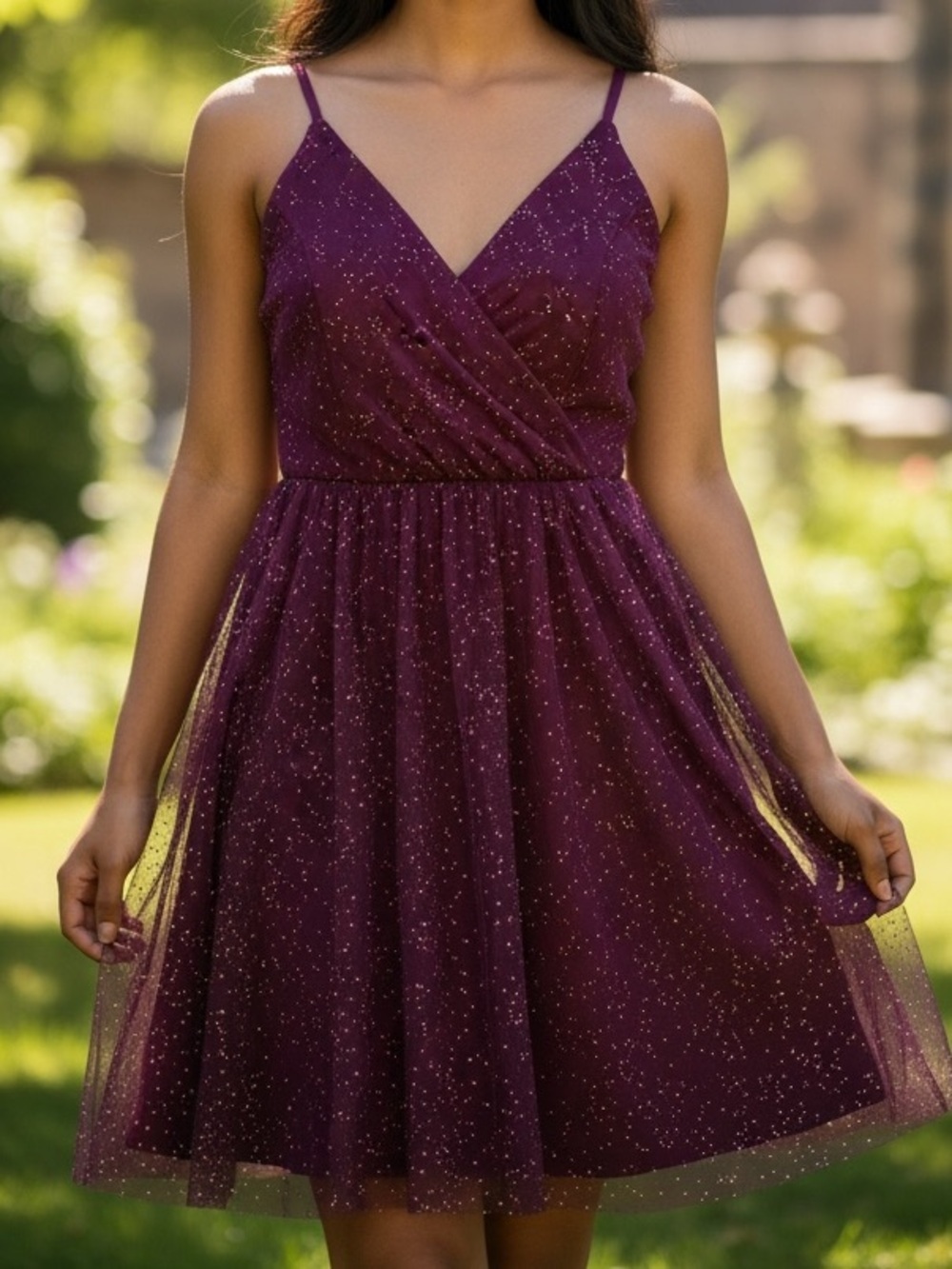 Xtraordinary Sparkle Spaghetti Strap Mini Dress in Plum